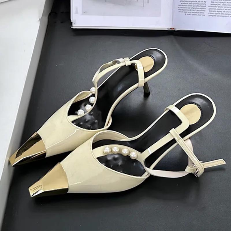 Sexy Metal Pointed Toe Stiletto Sandal Women Luxury Pearls Strap Buckle Designer High Heels Party Prom Shoes Summer Women Pumps
