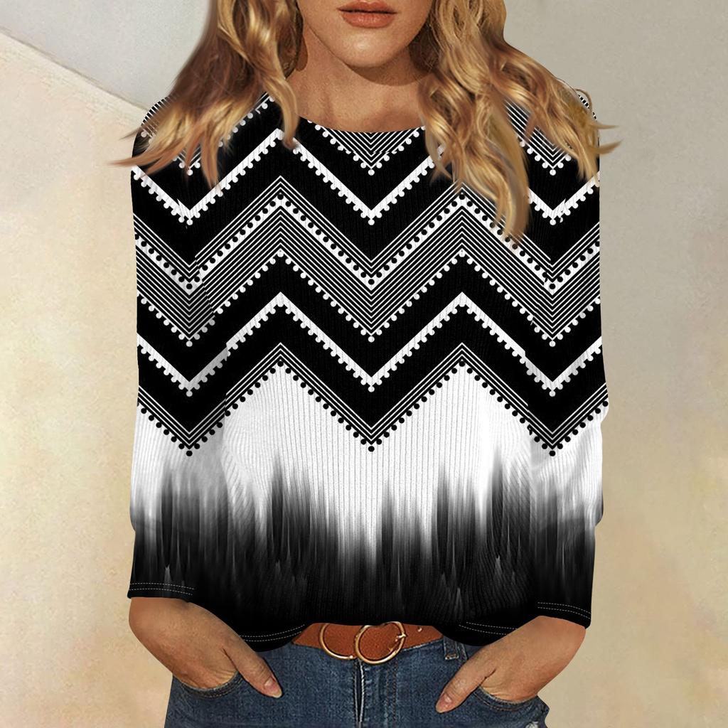 Topper med lange ermer for kvinner T-skjorte Casual trykktopper T-skjorte Rund hals Pullover Bluse