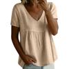Women Embroidered Short Sleeve V Neck Relaxed Fit Pleated Pullover Blouse Summer Casual Loose Top for Daily Wear