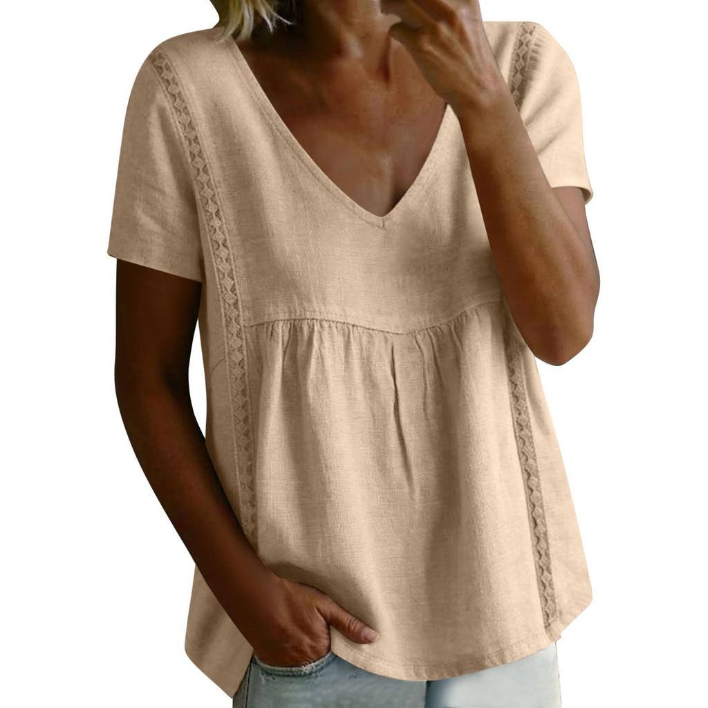 Women Embroidered Short Sleeve V Neck Relaxed Fit Pleated Pullover Blouse Summer Casual Loose Top for Daily Wear
