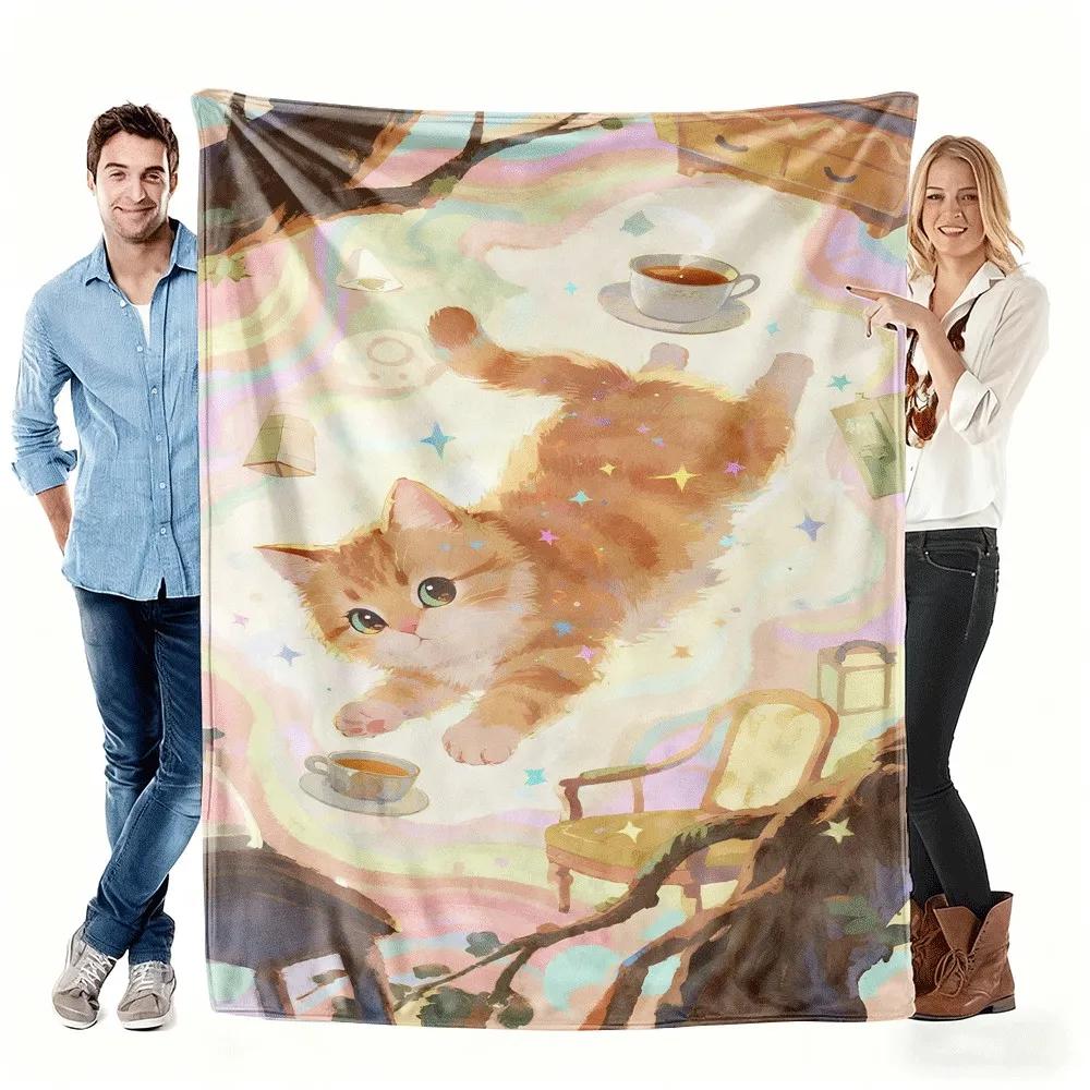 Cartoon Cute Cat Pattern Flannel Printed Blanket Suitable for All Seasons Suitable for Living Room Office Sofa and Travel