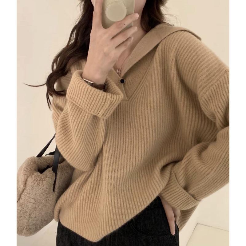 Lapel knitted sweater pullover new autumn and winter women's V-neck design sense niche loose lazy style top