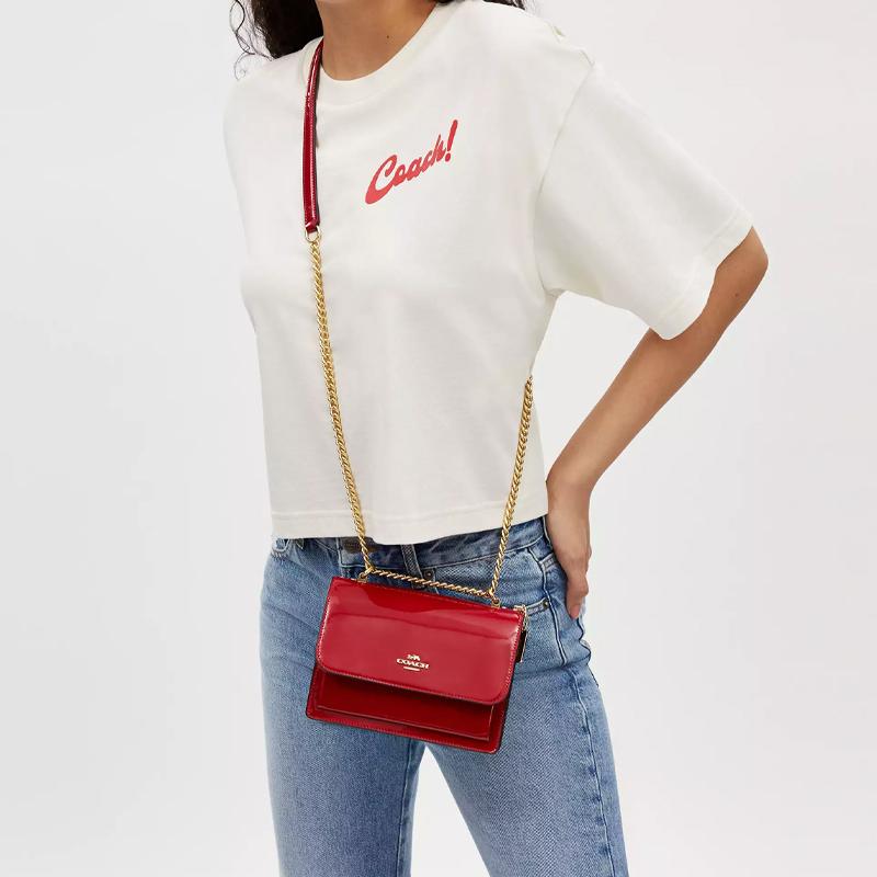 Coach Klare 18 Branded Logo Flap Snap Closure Patent and Leather Crossbody Shoulder Bag Small Women's Gold and Red