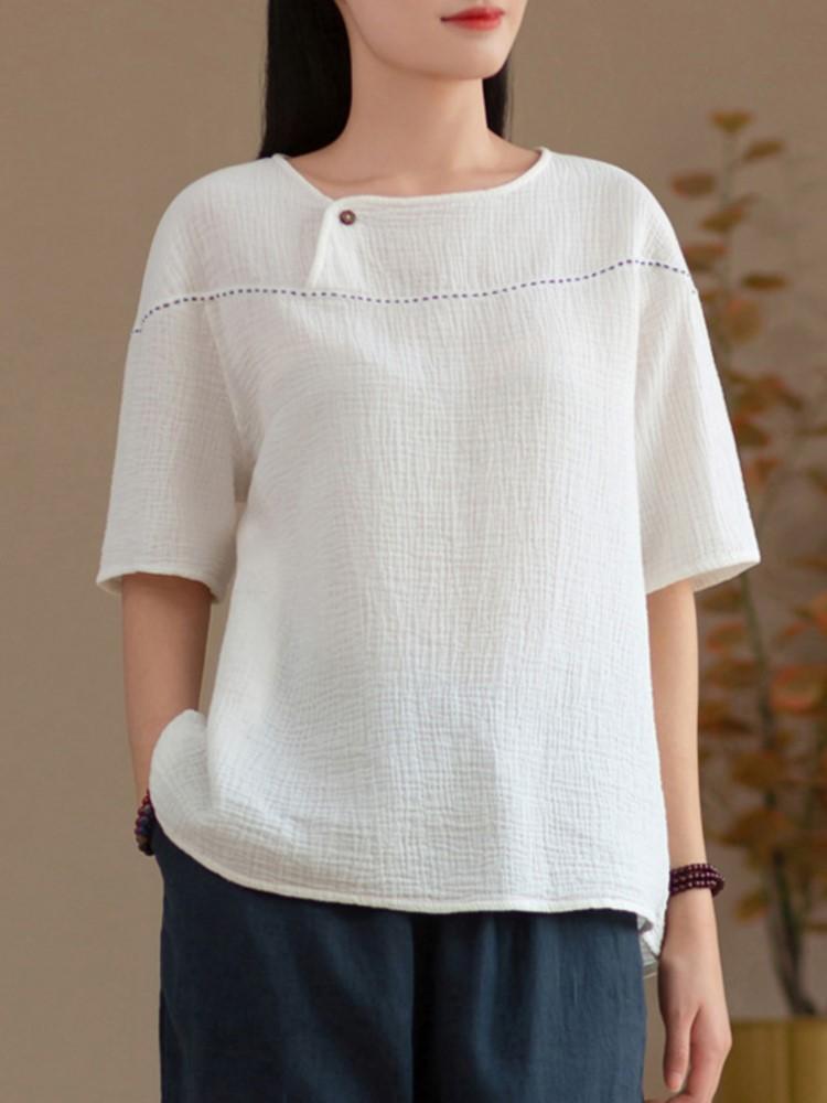 

Johnature Женщины Хлопок Льняные футболки Вышивка Повседневные топы Короткие рукава Одежда Лето Свободные Женские футболки