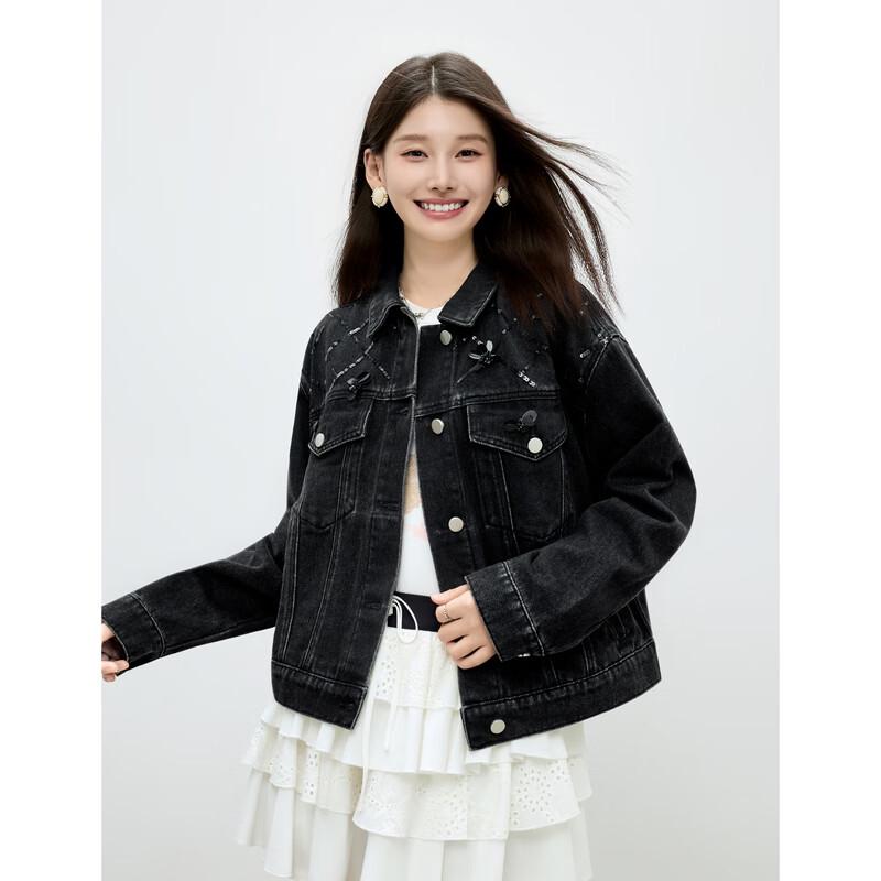 

Qiusbuiyiren Women s Beaded Denim Jacket XL