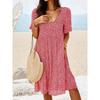 Women's Summer Midi Dress V-Neck Short Sleeve A-Line Dress Loose Flower Pattern Print Waistline Beach Sundress