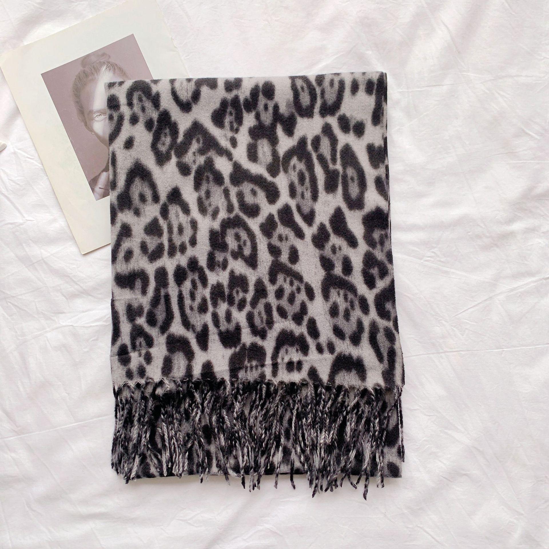 

Leopard print scarf women s autumn and winter thickened imitation cashmere fringed scarf shawl versatile warm student scarf 180*65cm
