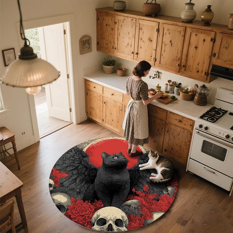 Winged Black Cat,Round Area Rug,Carpet Rug for Living Room Bedroom Sofa Playroom Decor,Non-slip Floor Mat
