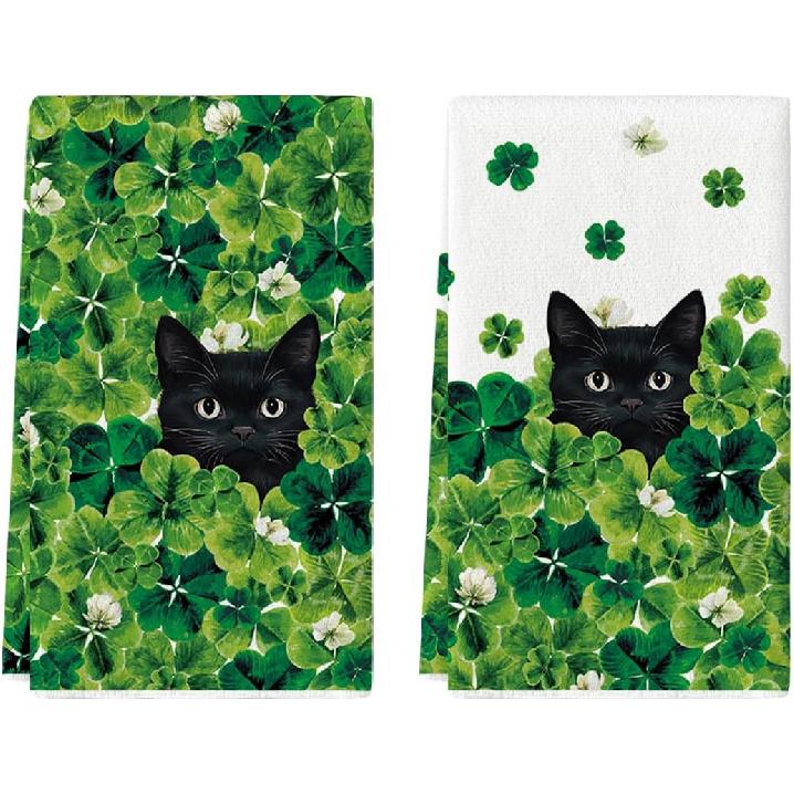 Artoid Mode Clover Black Cat St. Patrick s Day Kitchen Towels Dish Towels, 18x26 Inch Farmhouse Holiday Spring Decoration Hand Towels Set of 2