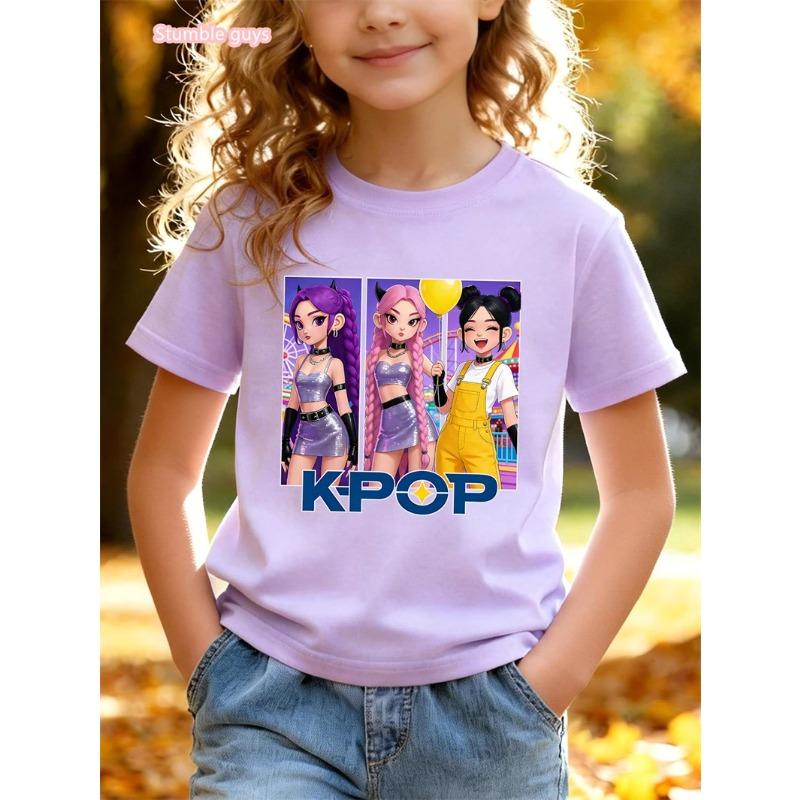 Summer Casual Girls Anime T-Shirt Cute Kpop Idol Print Short Sleeve Soft Cartton Anime Clothes Fashion Kids Tee Tops