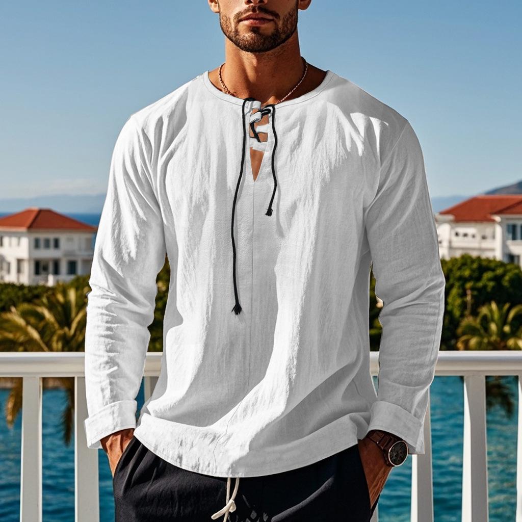 Herrenmode Krawatte V-Ausschnitt Kleidung Strand Leinenhemd Lässig Rosa Weiß Bluse Herren Einfarbig Tops