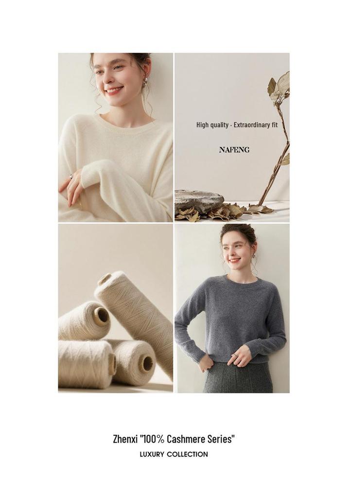 Women's 100% Pure Cashmere Round Neck Seamless Knit Sweater with Raglan Sleeves
