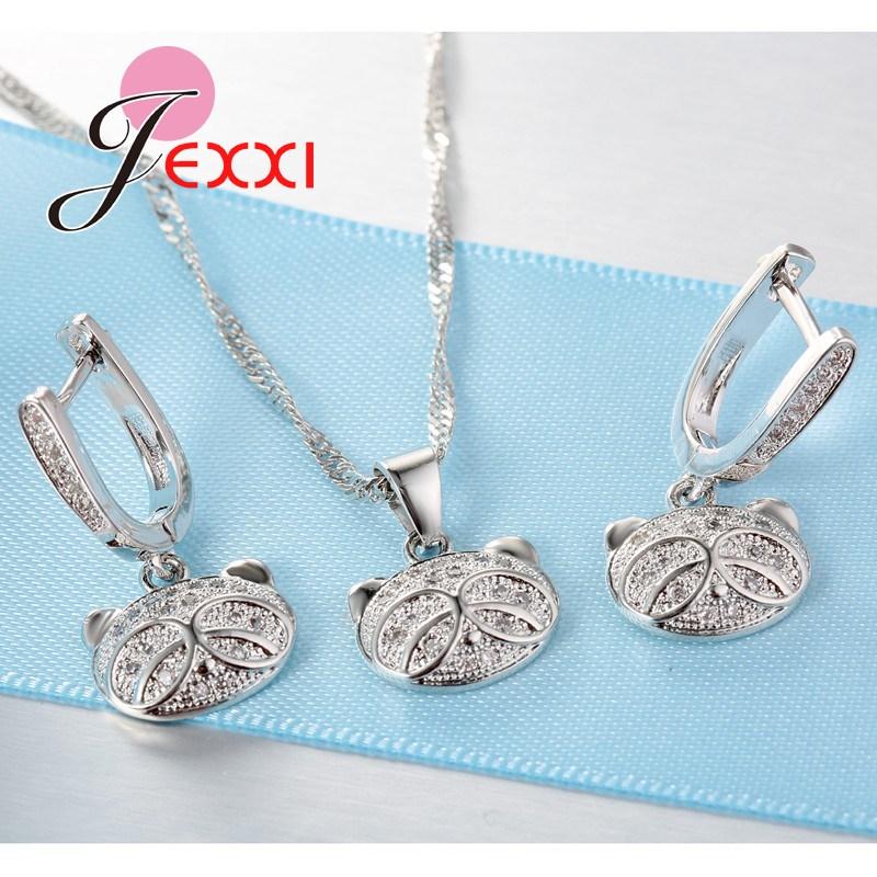 Factory Price Cartoon Bear Head Jewelry Set For Girls Gift 925 Sterling Silver Color CZ Crystal Bridal Jewellery Sets For Women