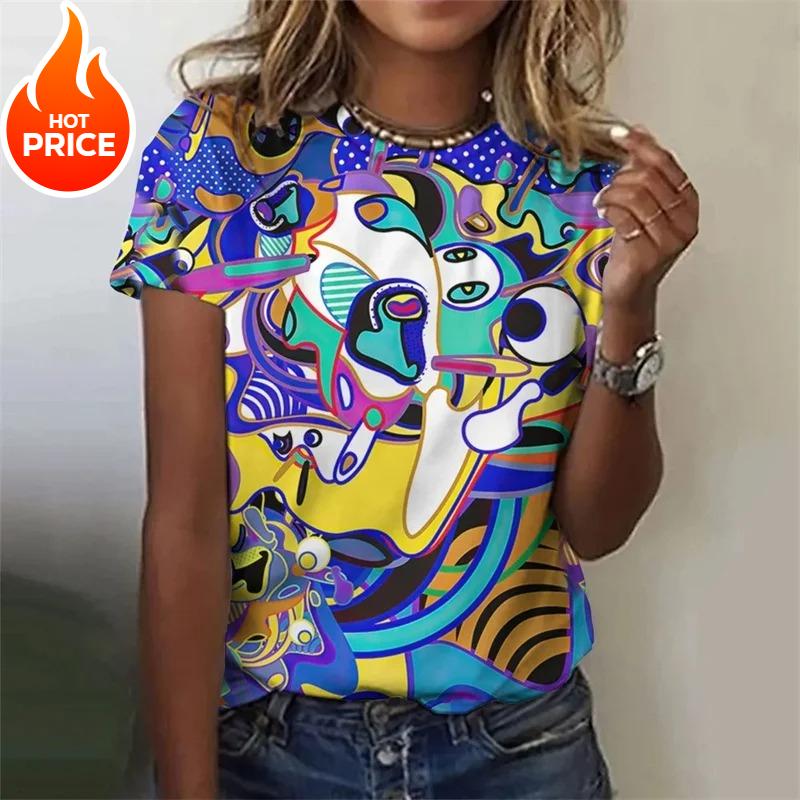 

3d Printed Colorful Deer T Shirt For Women Abstract Geometry Graphic Short Sleeves Summer Street O-neck Tees Tops Loose T-shirts 4XL