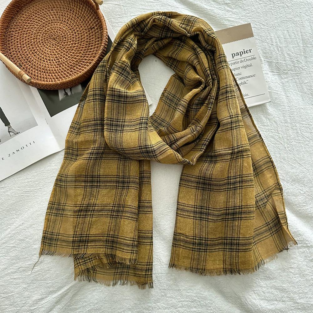 Korean Retro All-match Plaid Retro Style Women's Autumn New Style Cotton and Linen Literary Thin Shawl Scarf Dual-use