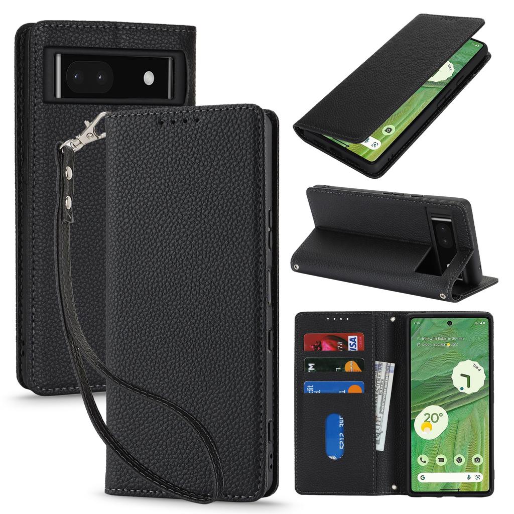 For Google Pixel 7 5G Case Stand Wallet Litchi Texture Leather Flip Phone Cover with Strap