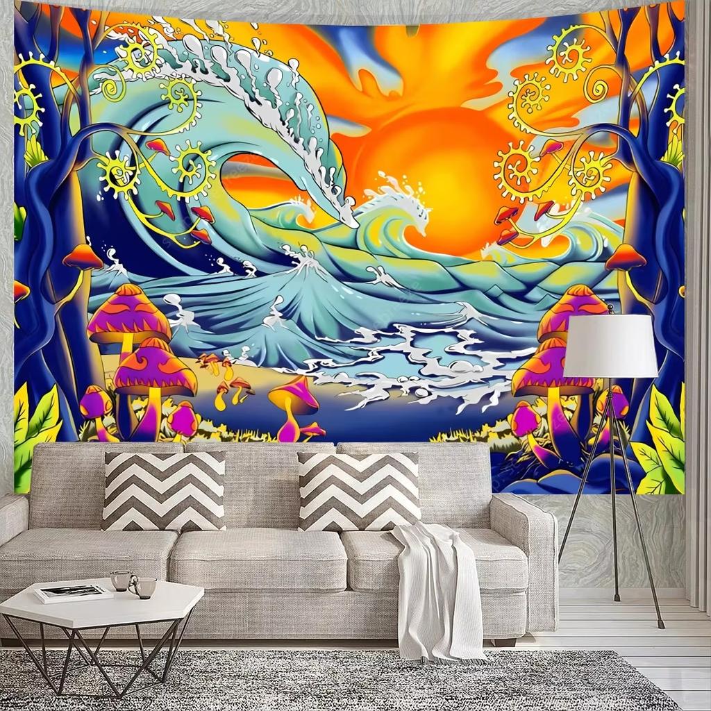 Japanese Great Waves UV Reactive Tapestry Mount Fuji Wall Hanging Cloth Aesthetic Room Home Decor Background Flag Wall Art Decor