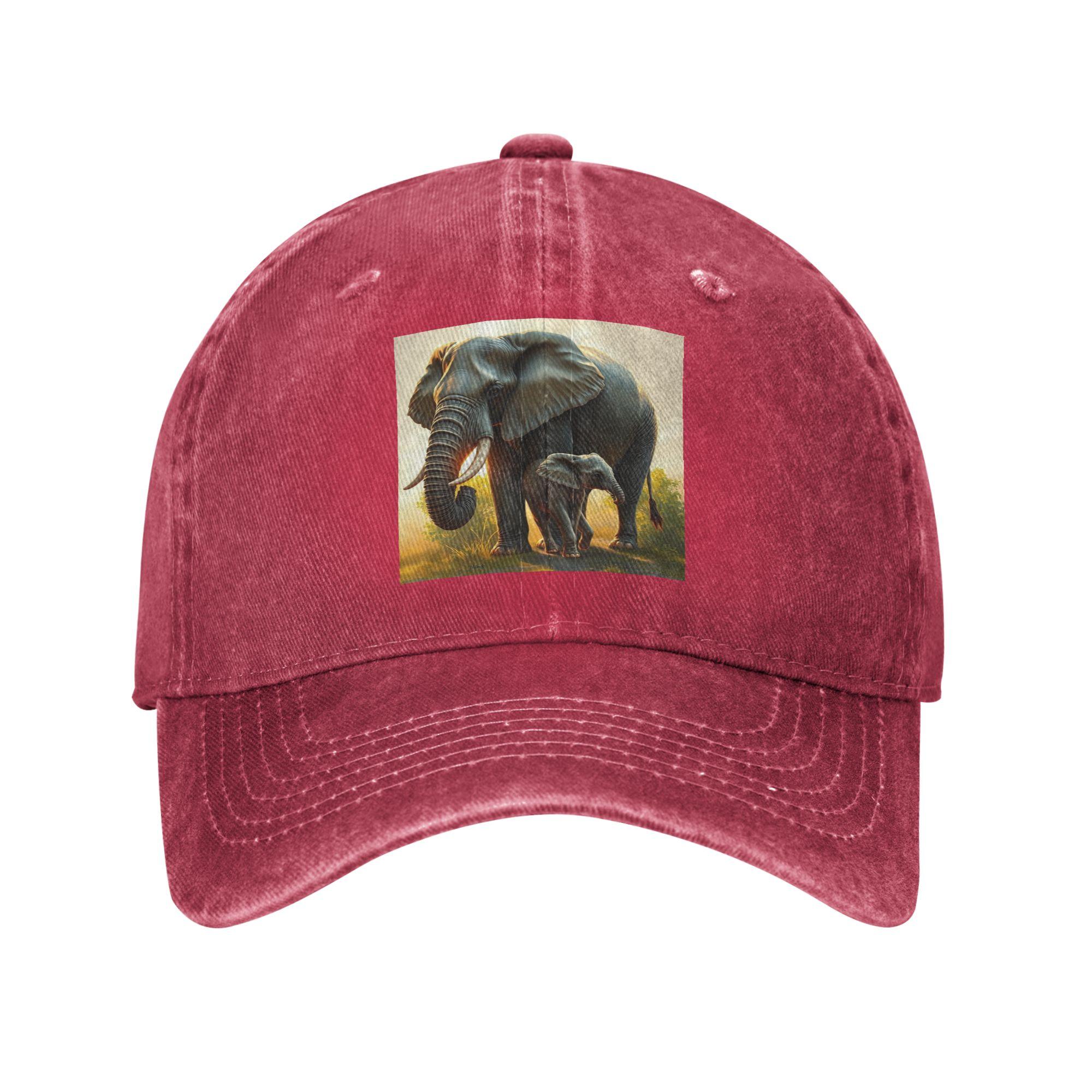 A Majestic Elephant With Her Baby Elephant Washed Denim Cap Casual Baseball Caps Adjustable Hat Summer Unisex Baseball Hats One Size