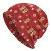 Festive Reindeer Beanie Cap for Men Cozy Knit Winter Hat with Snowflake and Holly Design, Fashionable Red Polyester