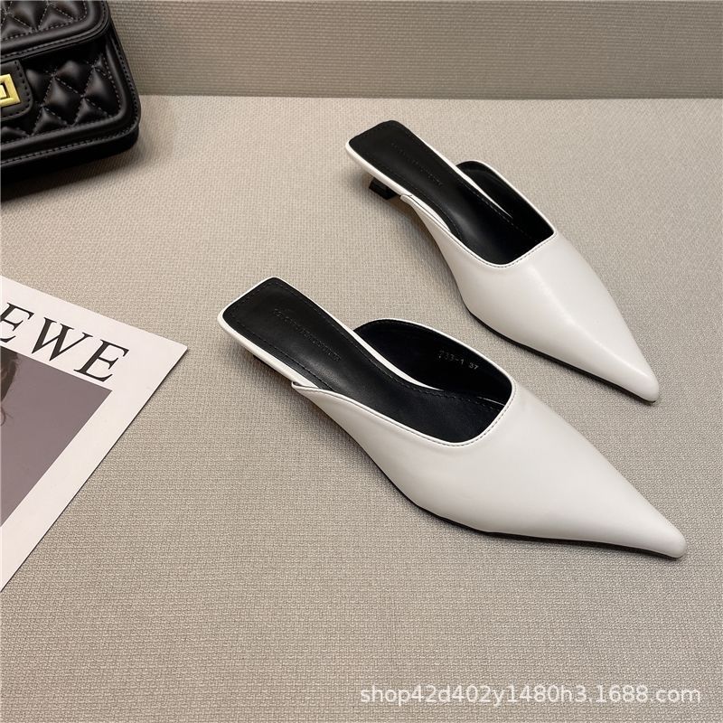 Baotou Half Slippers Women's Summer Versatile Black Pointed Tip Thin Heel Small Heel Women's Shoes Fitting Fashion Thin Feet Wear Cool Slippers
