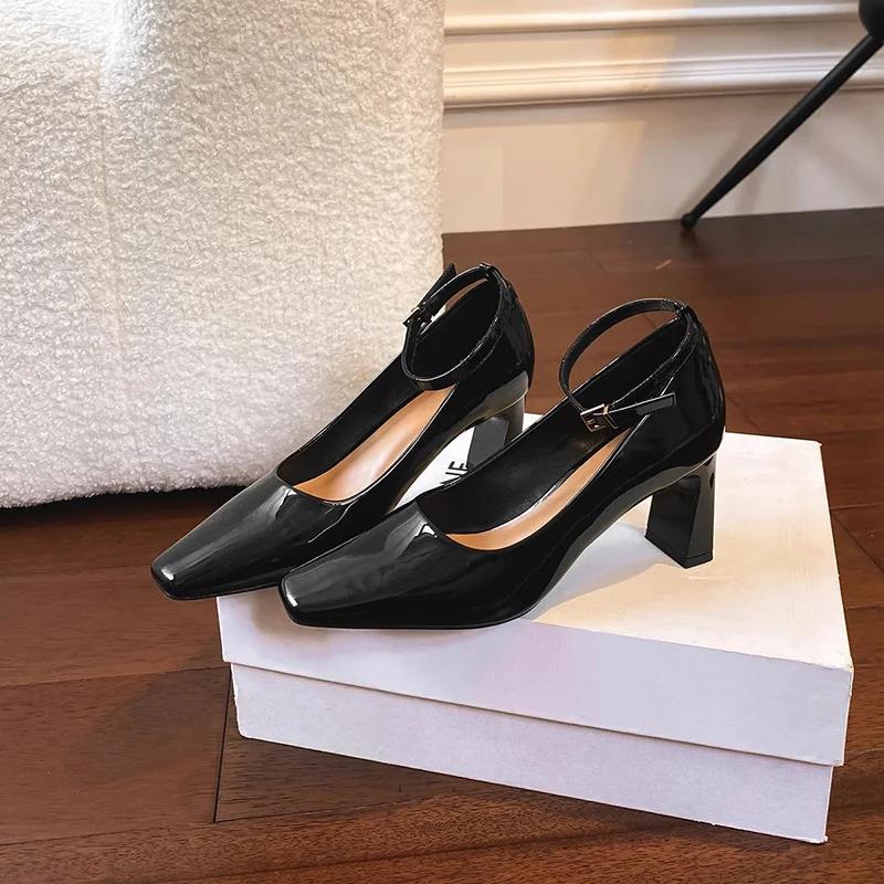 

Patent Leather High Heel Women Mary Jane Shoes Fashion Square Toe Buckle Shoes Spring Autumn Ladies Elegant Party Dress Shoes 40