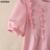 VONDA Women Casual O Neck Solid Color Summer Short Sleeve Blouse Tops