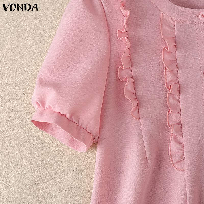 VONDA Women Casual O Neck Solid Color Summer Short Sleeve Blouse Tops