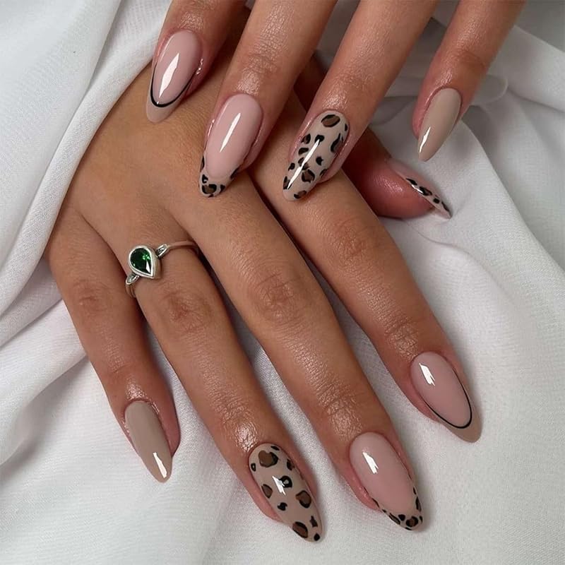 Leopard Print Press on Nails Medium Almond Shaped Cheetah Print French Fake Nails with Design Full Cover Glue ons Artificial False Stick on Acrylic Leopard Print A09