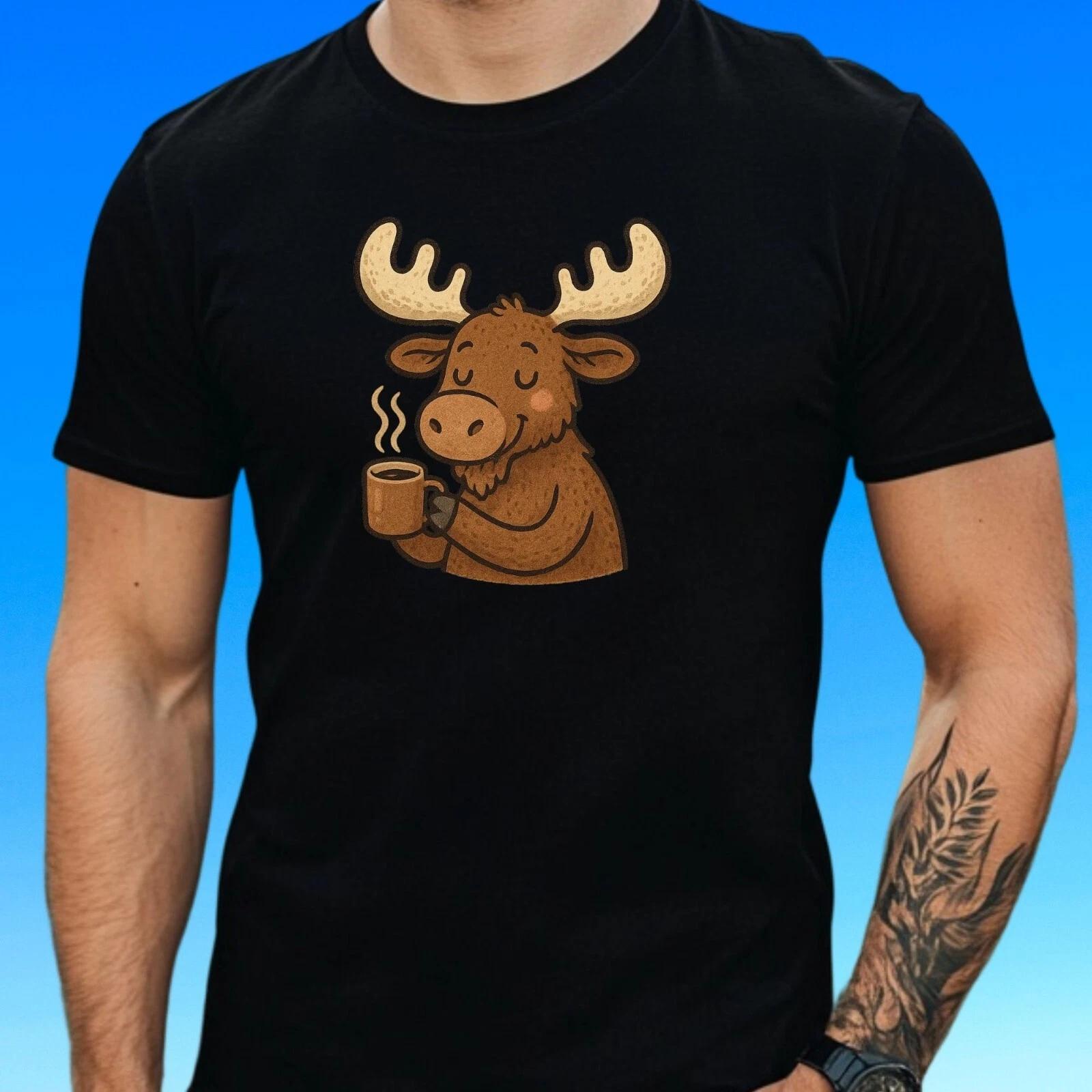 T-Shirt Herren Elch trinkt Kaffee Motiv Baumwolle Größe S bis 5XL M