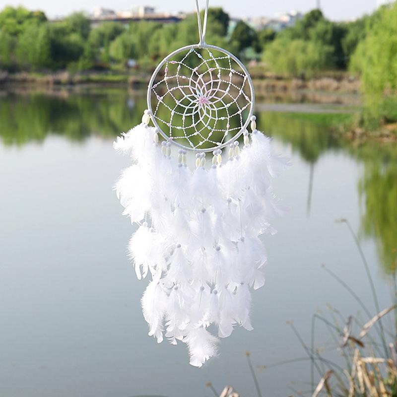 Hand-woven White Feather Dreamcatcher Wind Chimes Bedroom Hanging Ornaments Creative Birthday Festival Gifts Home Decor Crafts