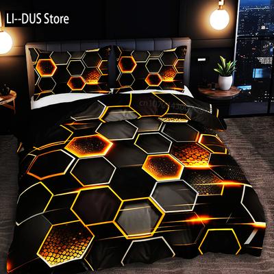3pcs Golden Diamond Geometric Bedding Set -1 Duvet Cover 2 Pillowcases Breathable Machine Washable - Perfect For All Seasons