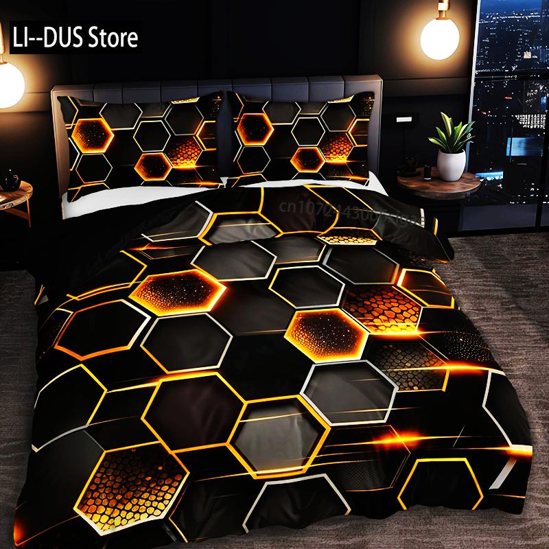 

3pcs Golden Diamond Geometric Bedding Set -1 Duvet Cover 2 Pillowcases Breathable Machine Washable - Perfect For All Seasons EU single(135x200cm)