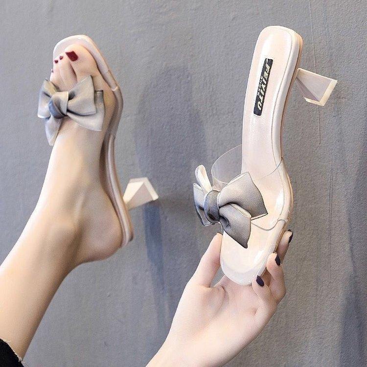 Fashion outer wear cool slippers women's middle heel transparent one-word drag 2025 summer new fashion bow versatile high heels