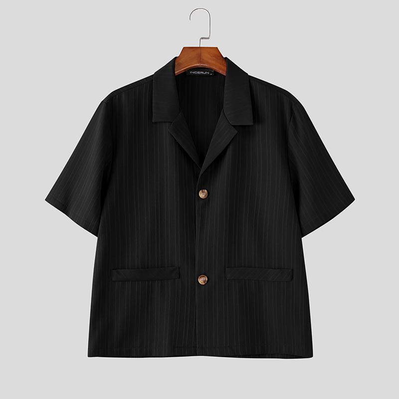 

INCERUN Oversized Men Lapel Neck Short Sleeve Texture Cropped Casual Shirts Tops 3XL чёрный