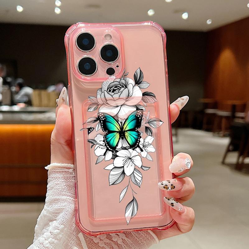 Card Slot Pocket Clear Soft TPU Case For iPhone 17 16 15 14 13 Pro Max 16e 12 Hollow out Butterfly Printed Silicone Phone Cover