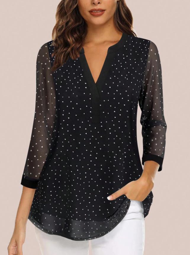 Women's European & American V-neck 3/4 Sleeve Printed Chiffon Loose Plus Size Top