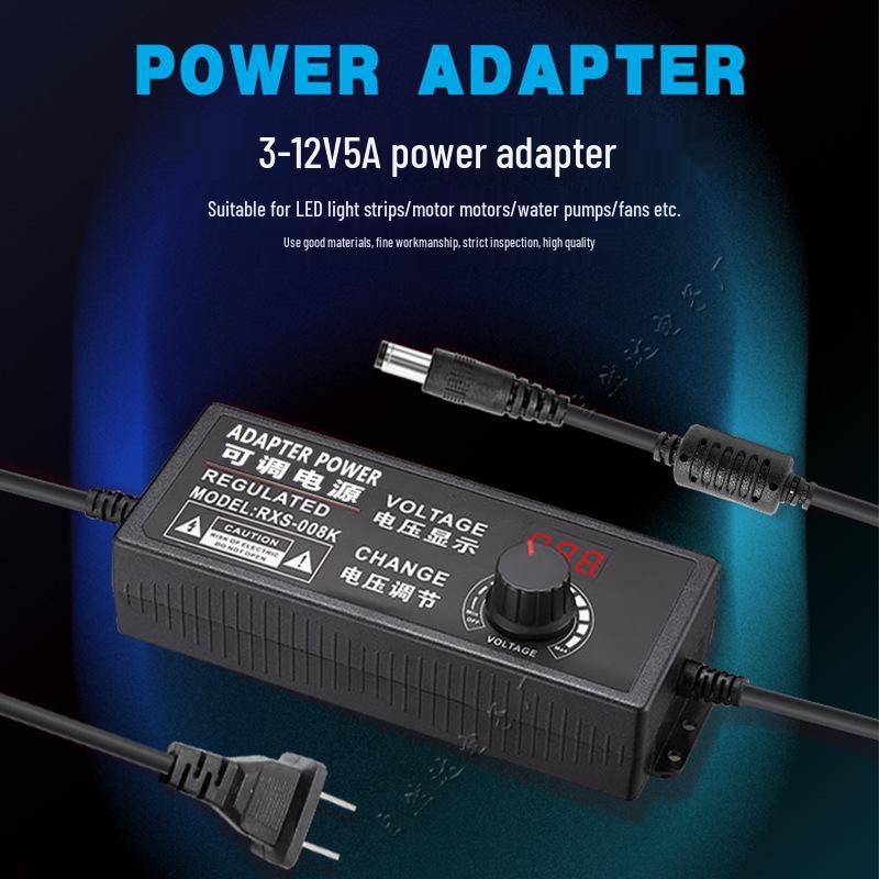 Adjustable 3-12V 2A/5A 60W Power Adapter with Stepless Dimming for Light Strips, Water Pumps, and Motor Control (24W)