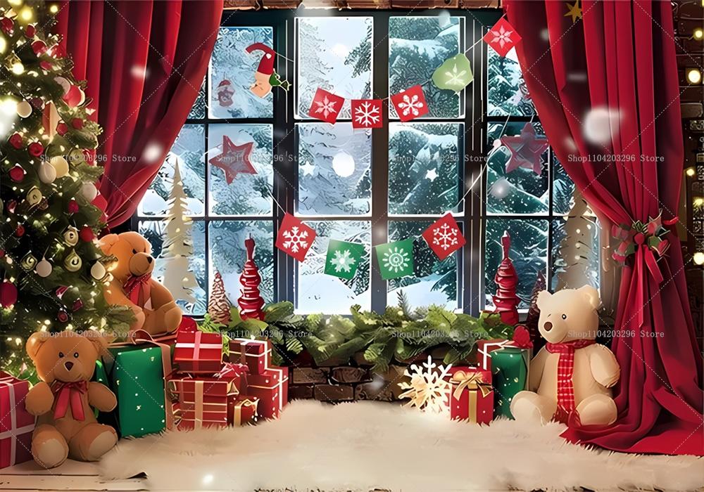 Finestra Invernale Sfondo Natale Camino Albero di Natale Regali Orsacchiotto Decorazioni Festa Navidad Sfondo Fotografia Ritratti Bambini