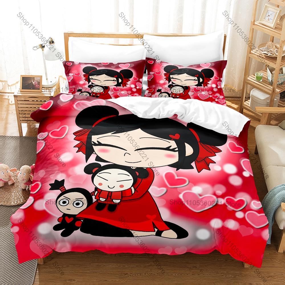 Kawaii Pucca Character Print Duvet Cover + 2 Pillowcases, Cozy Microfiber Bedding Set Perfect as Surprise Gift Anime Enthusiasts