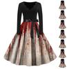 Kvinners vintage klassisk kjole hals midje sløyfe lange ermer Halloween Print V hals swing kjole