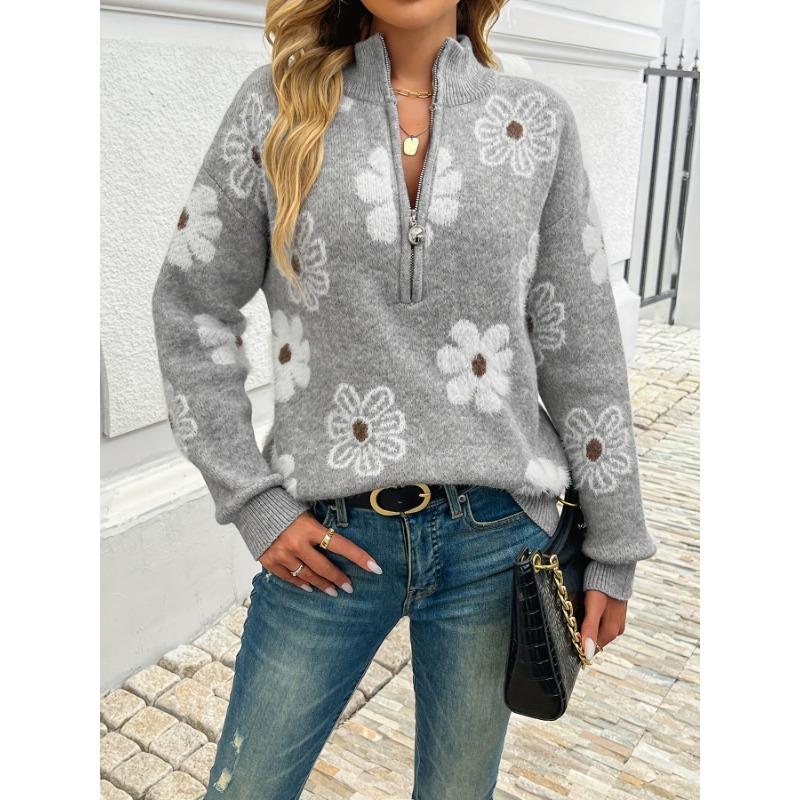 Floral Pattern Half-zip Sweater - European and American Style with Dropped Shoulders