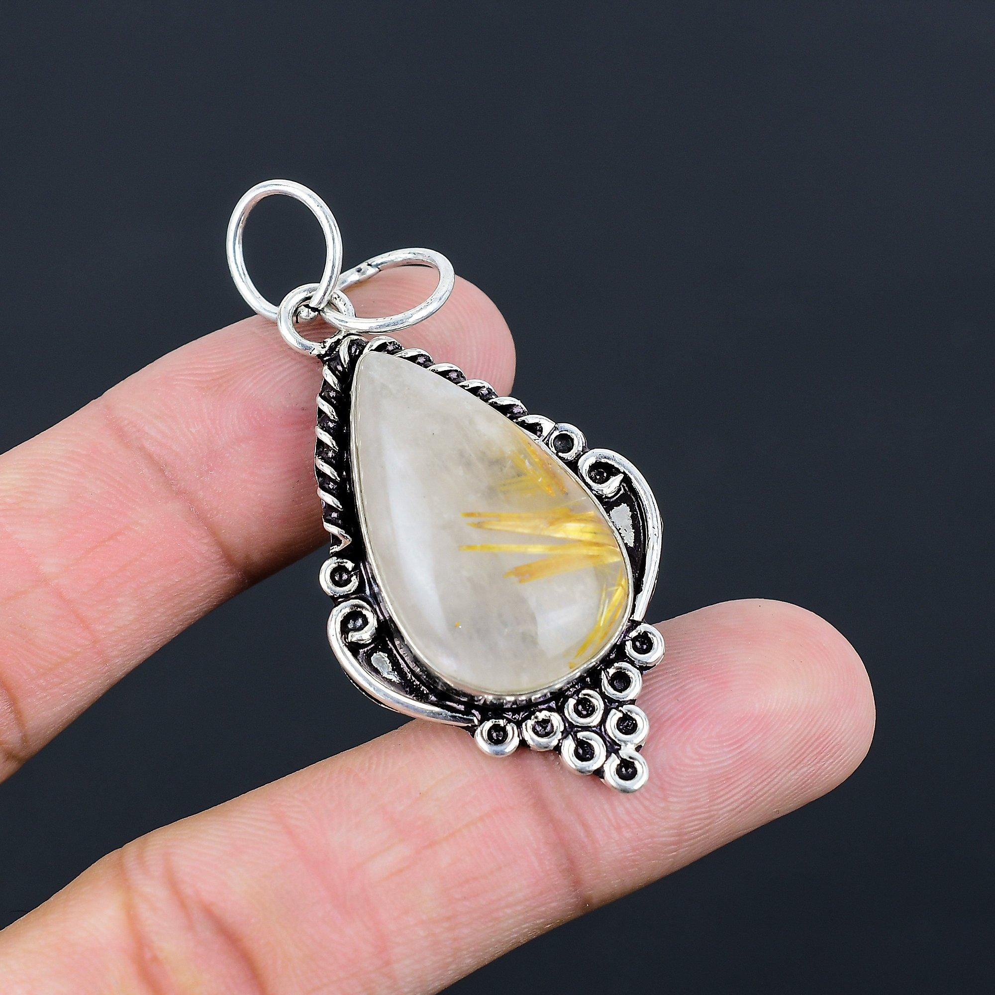 Natural Golden Rutile 925 Silver Handcrafted Daughter Anniversary Bezel Pendant