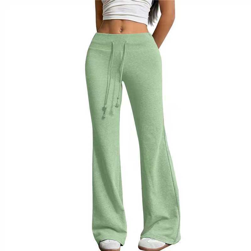Women's High Waist Drawstring Flare Pants Solid Gray Casual Loose Fit Trousers