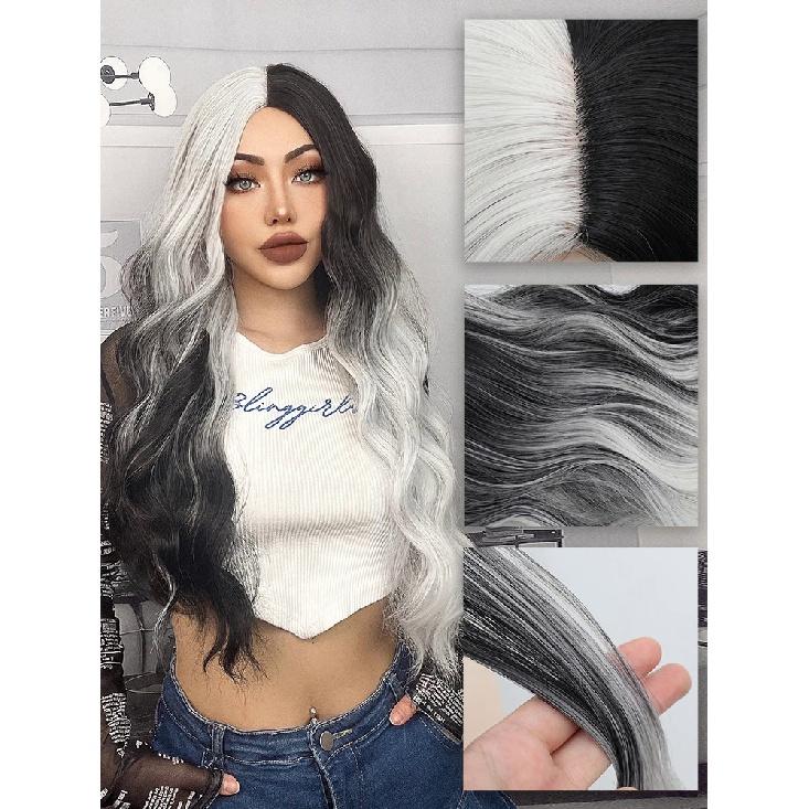 Long Wavy Ombre Black White Synthetic Wigs for Women Heat Resistant Natural Middle Part Cosplay Party Lolita Daily Hair Wigs