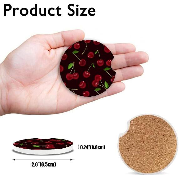 Red Cherry Absorbent Car Cup Coasters,Cup Holders,Cork Base Drink Coasters With Finger Notch For Easy Move Of Car Cup Holder For Women Men 2.6"(2