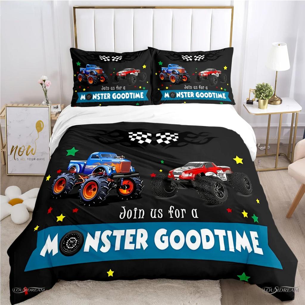 Copripiumino Monster Truck Catroon Monster Jam Set Biancheria da Letto Copripiumino Morbido e Federe per Adolescenti Singolo/Matrimoniale/Queen/King