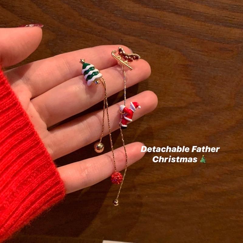 Asymmetric Earrings Santa Claus Dangle Earrings Long Tassel Berry-Pendant Stud Earring for Women Girl Christmas-Decor