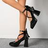 Vintage Black Chunky Heel Mary Jane Shoes Women Pointed Toe Platform High Heel Pumps Woman Satin Bowknot Ankle Strap Dress Shoes