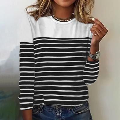 Maglietta a maniche lunghe in cotone autunnale, a righe minimaliste, girocollo, da donna, alla moda, casual, per tutti i giorni, abbigliamento largo da donna