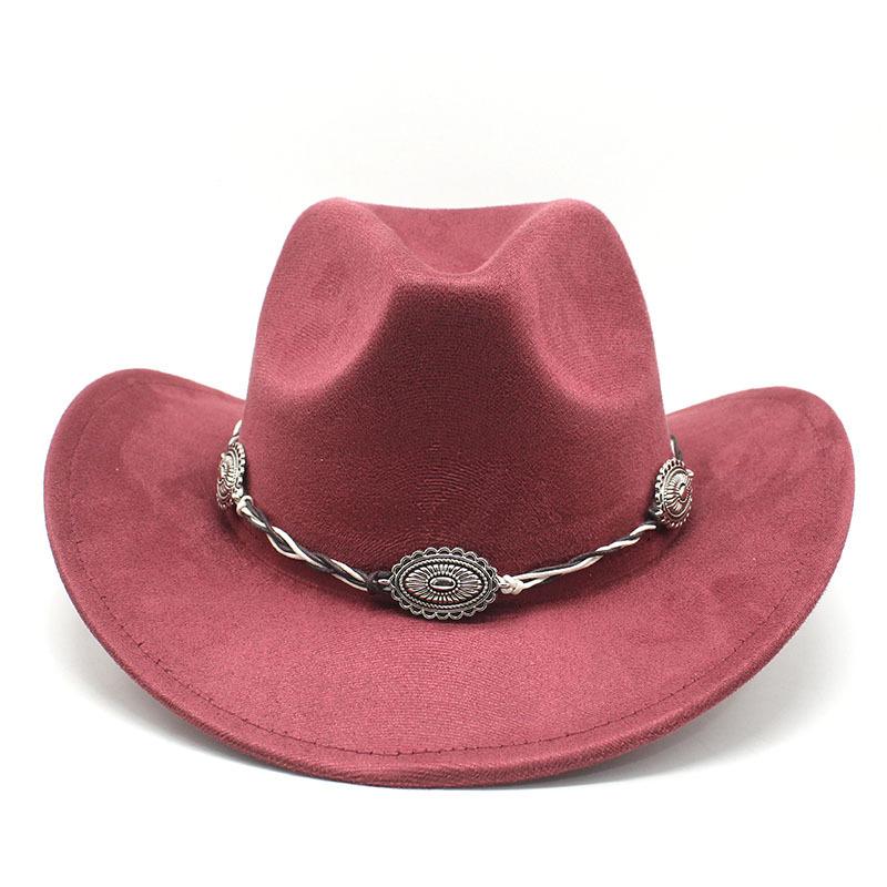 Semišový Upturned Edge Western Cowboy Klobouk Muži a ženy Outdoorový cestovní klobouk Rolled Brim Etnický styl Cylindr Plstěný klobouk